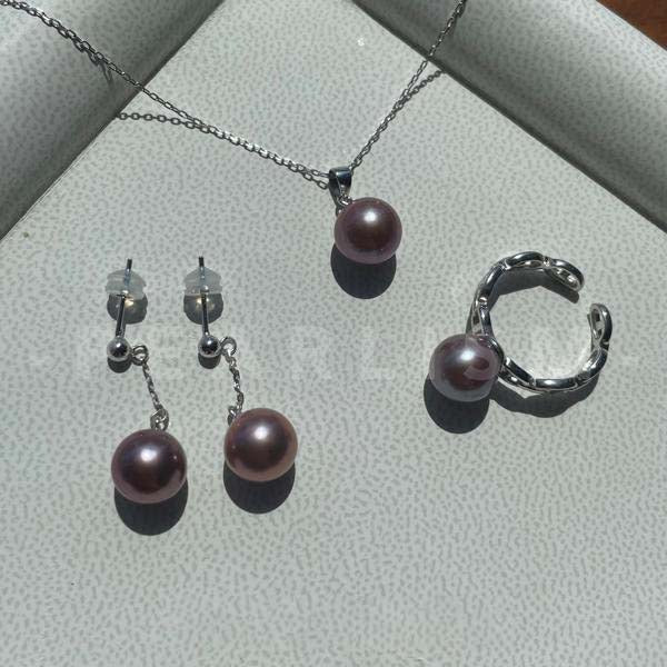 9-10mm Purple Edison Pearl S925 Jewelry Set: Necklace&Ring&Earrings  (End Product)【Pearlism】