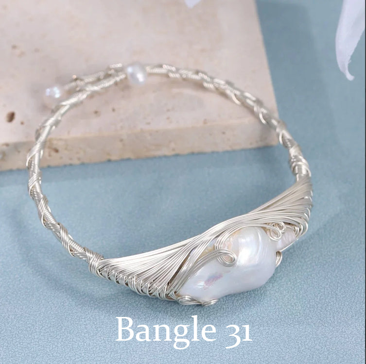 【Wire Wrapping Bangle】 Fresh Water Pearl Wire Wrapping Bangle